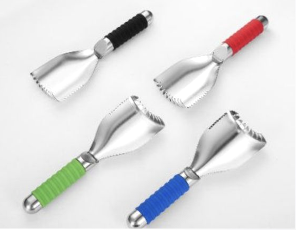 Four tools that are metal with silicone handles in red, green, black and blue are great tools for Healthful Options