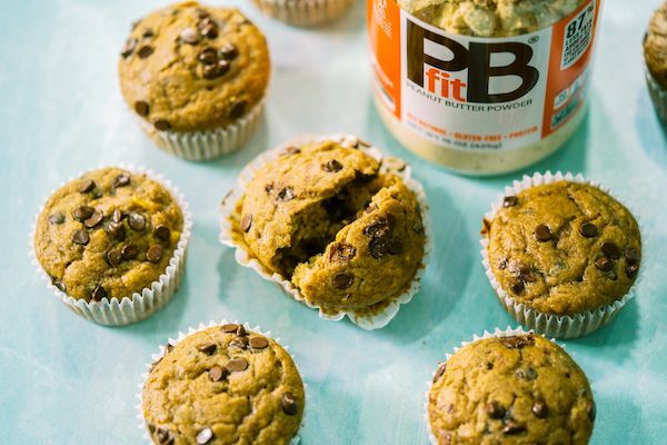 Six banana peanut butter muffins on an aqua platter are one of the Healthful Options