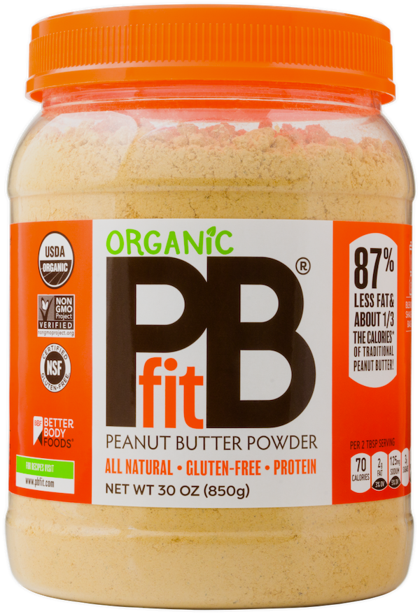 A jar of peanut butter powder with an orange lid is one of my new Healthy Options
