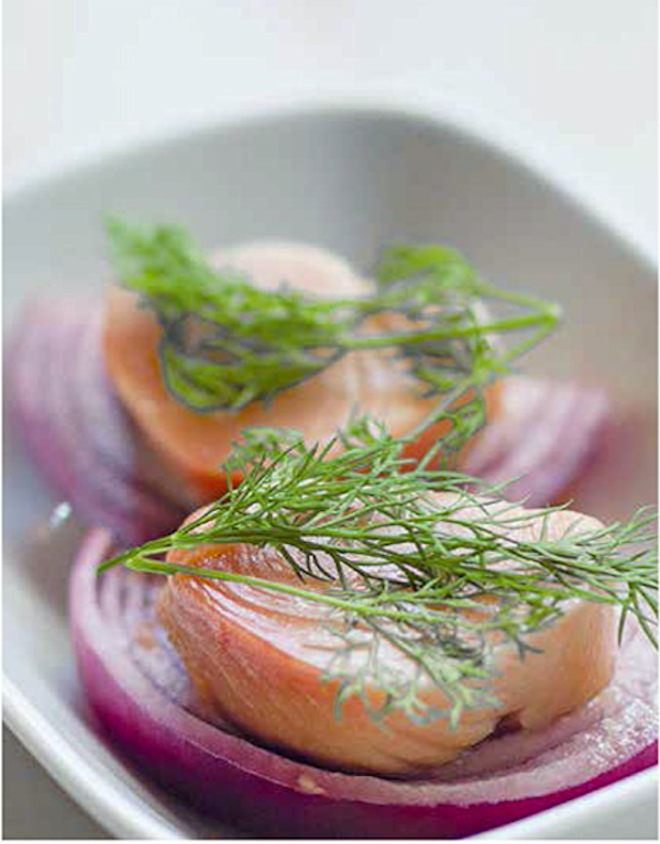 A plate of cured fish on top of red onion slices with dill garnish from Istanbul Cult Recipes