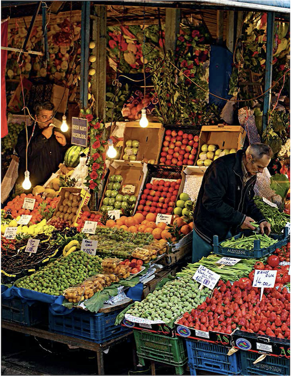 A colorful market display of produce from Istanbul Cult Recipes