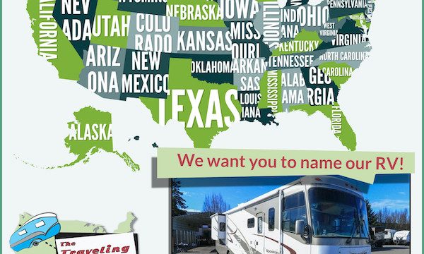 A map of the US and an RV announcing the Name Our RV Contest