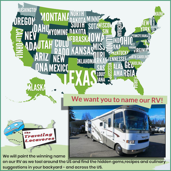 A map of the US and an RV announcing the Name Our RV Contest