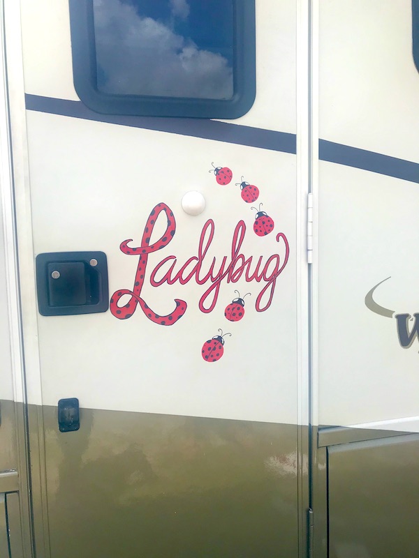 Ladybug painted in red on an RV door with 5 ladybugs painted as well from Another RV Renovations Update