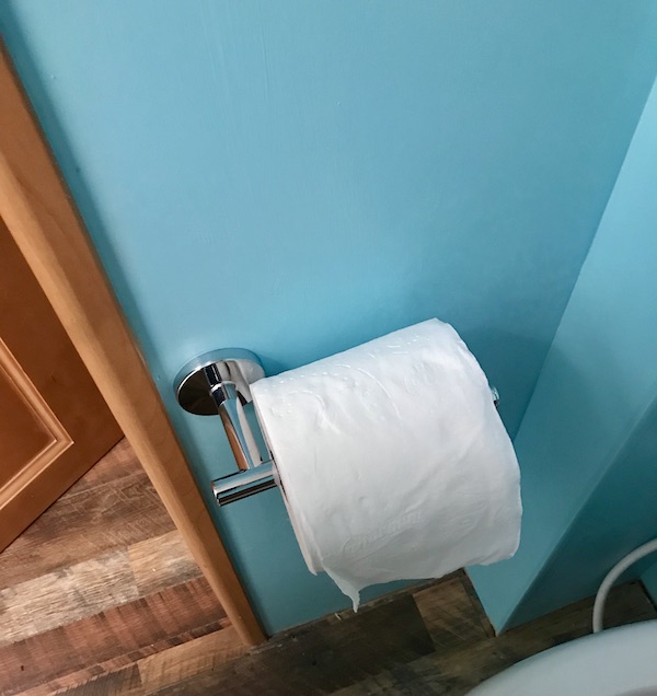 An aqua wall with a chrome toilet paper holder from Another RV Renovations Update