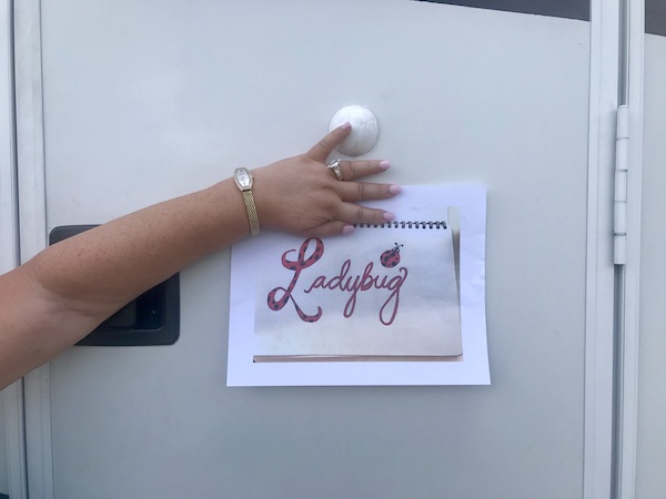 A woman's hand holding a paper with the word Ladybug on an RV door from Another RV Renovations Update