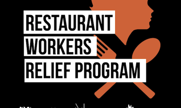 Black background with tan silhouette of a female profile with spoon and fork from Restaurant Workers Relief Program
