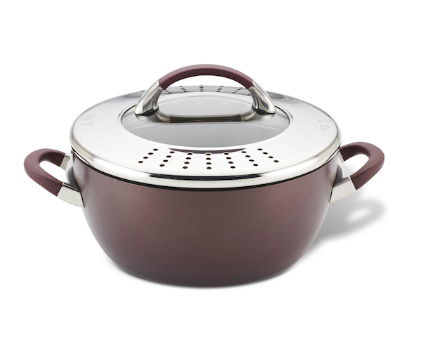A merlot colored pot with stainless steel straining lid from Awesome Mothers Day Gifts