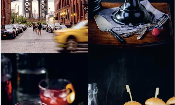 A collage of food and the city view of a bridge from New York Capital of Food