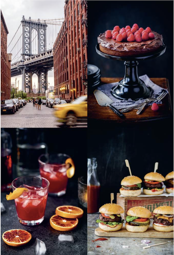 A collage of food and the city view of a bridge from New York Capital of Food