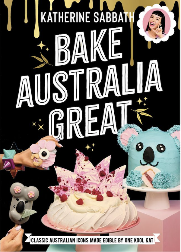 The front cover of Bake Australia Great with whimsical baked items in aqua and pink.