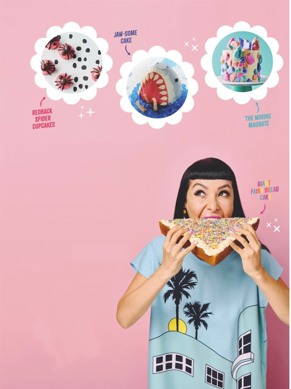 A woman taking a bite out of a big slice of cake from Bake Australia Great