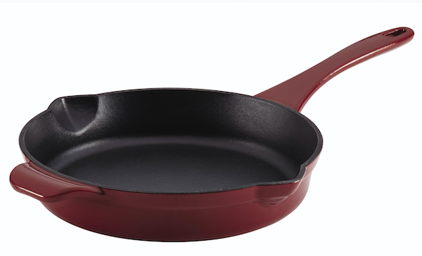 A red enamel cast iron skillet from Father's Day Gifts for Dads Who Cook