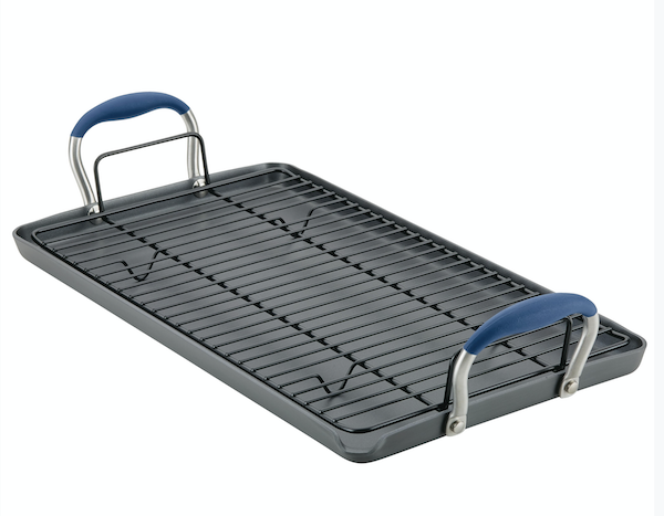 Double burner griddle with blue handles and grate from Father's Day Gifts for Dads Who Cook
