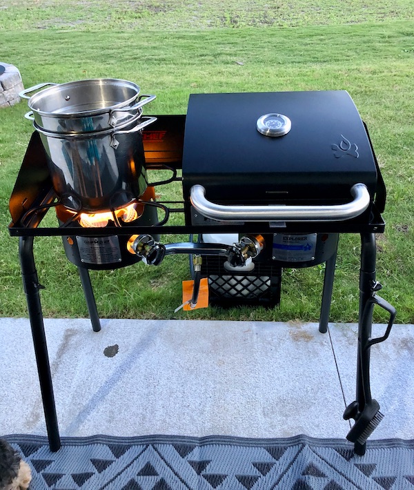A portable two burner grill with a large pot on one burner from Grillin' and Chillin' in North Myrtle Beach