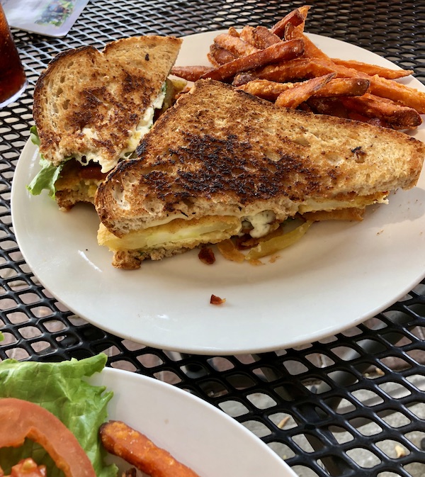 A grilled sandwich with sweet potato fries on a white plate for lunch in New Bern NC