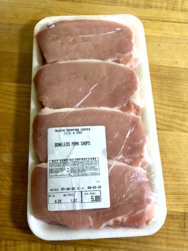 A plastic wrapped package of boneless pork chops at North River Campground NC