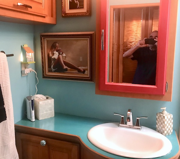 A turquoise RV bathroom with artwork from RV Renovations Complete The Big Reveal