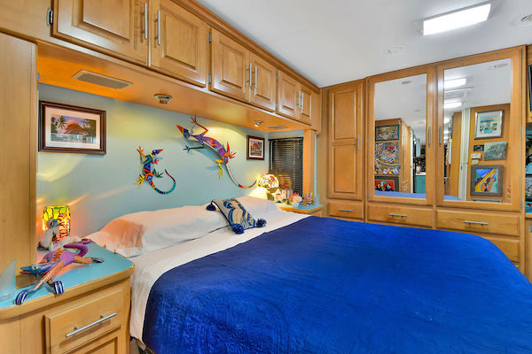 A view of an RV bedroom from RV Renovations Complete The Big Reveal