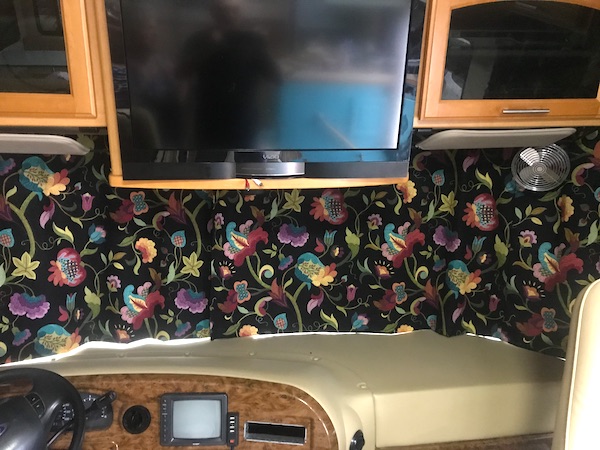An RV cockpit with print drapes from RV Renovations Complete The Big Reveal