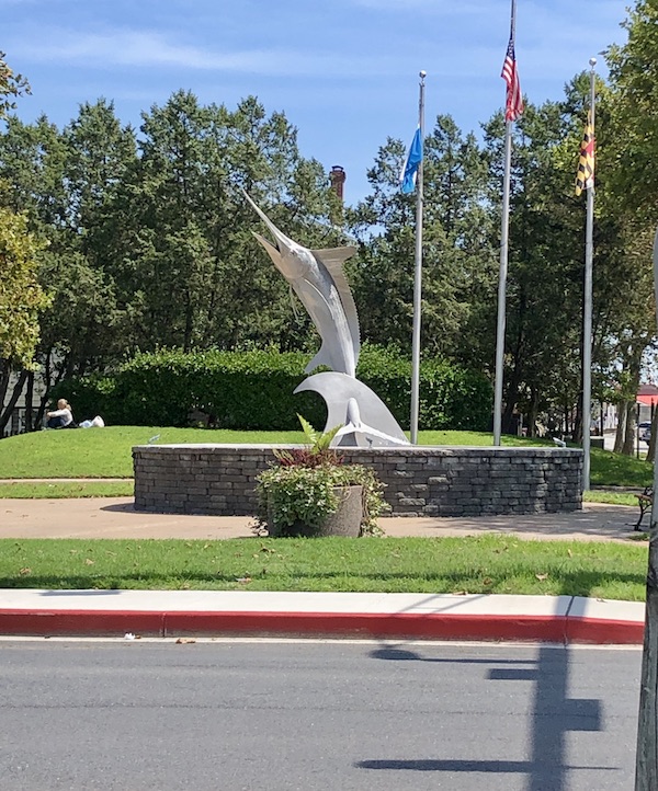 Maryland and Virginia Beaches swordfish statue in a park.