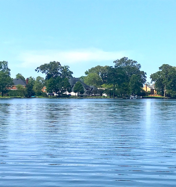A large lake surrounded by trees and homes at the Norfolk Botanical Gardens