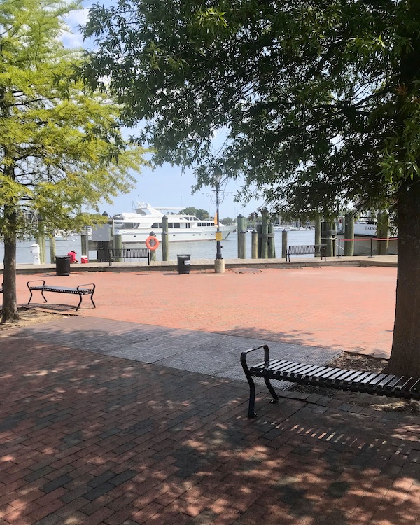 A park with brick pavers and docks with boats in Washington DC and Annapolis Maryland