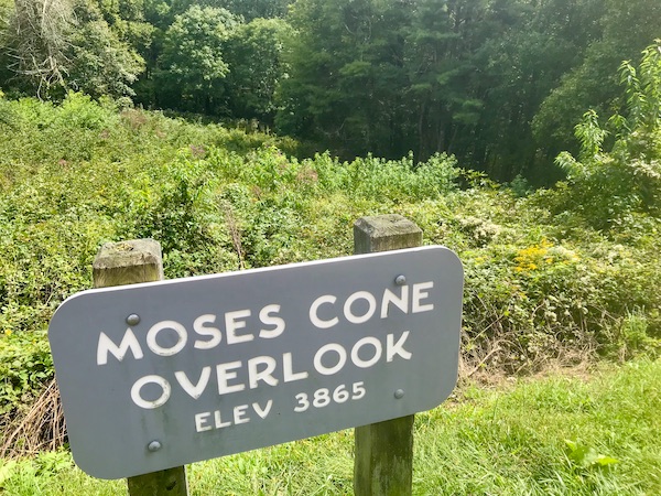 A sign in the foreground denoting Moses Cone Overlook with foliage behind it along the Blue Ridge Parkway NC