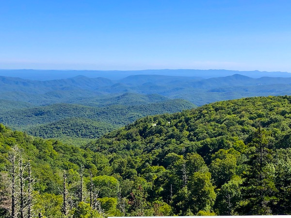 Trees. mountains and sky on a cloudy day along the Blue Ridge Parkway NC