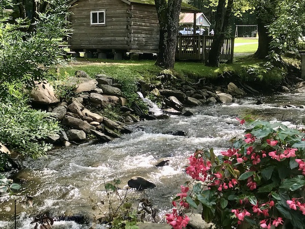 Red flowers, a rushing creek, rocks and a cabin in Boone North Carolina