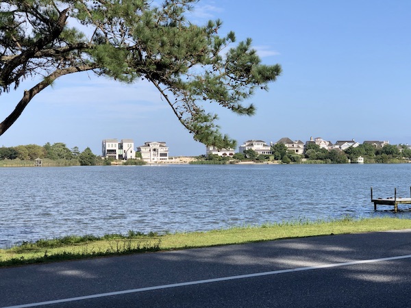 A street, tree, water and houses on a ride back to Delaware Seashore State Park