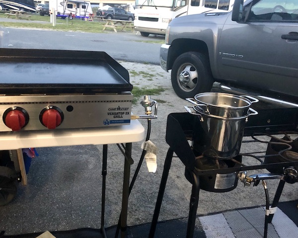 A flat top grill and a burner with a stock pot at Delaware Seashore State Park