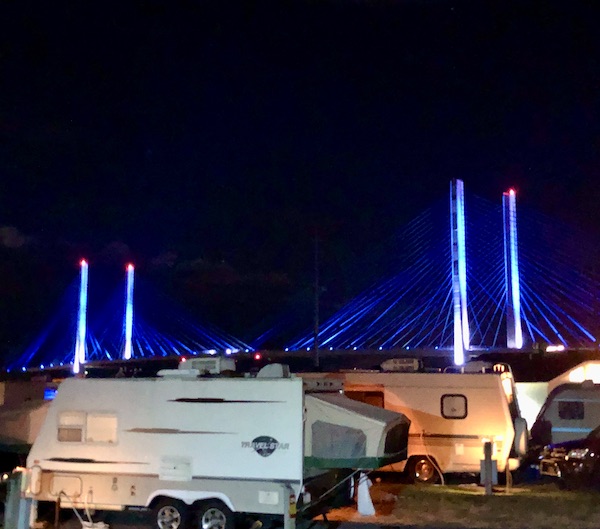 A bridge let in blue lighting at Delaware Seashore State Park