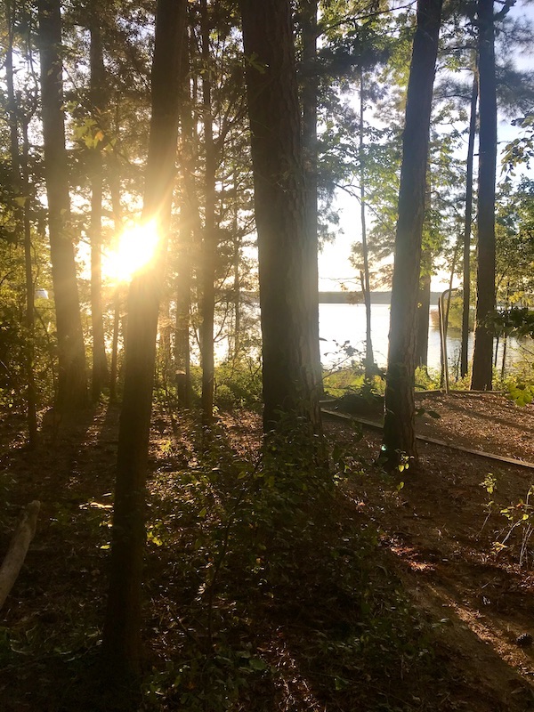 The setting sun peeking though the forest and a lake at Jordan Lakes State Park