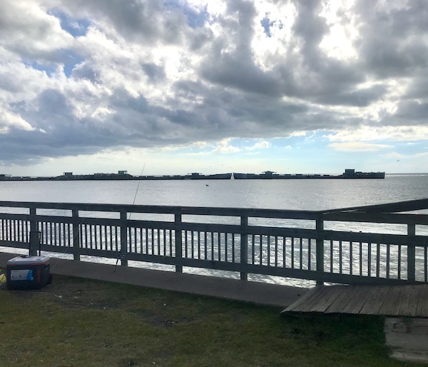 A view of the bay with a circle of concrete ships at Kiptopeke State Park in Virginia