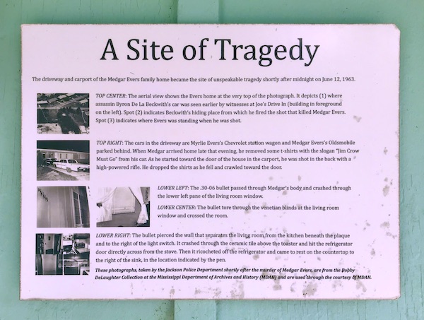 A sign explaining the tragedy of Medgar Evers death at his home near Mississippi Civil Rights Museum