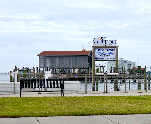 A marina and sign Gulfport Mississippi along our route from NOLA to Biloxi