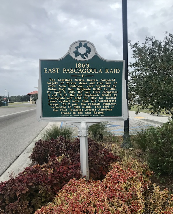 An historic marker about the East Pascagoula Raid along our route from NOLA to Biloxi