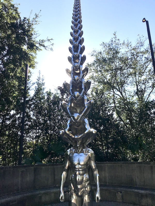 A steel tower Sculpture at the Bestoff Sculpture Garden