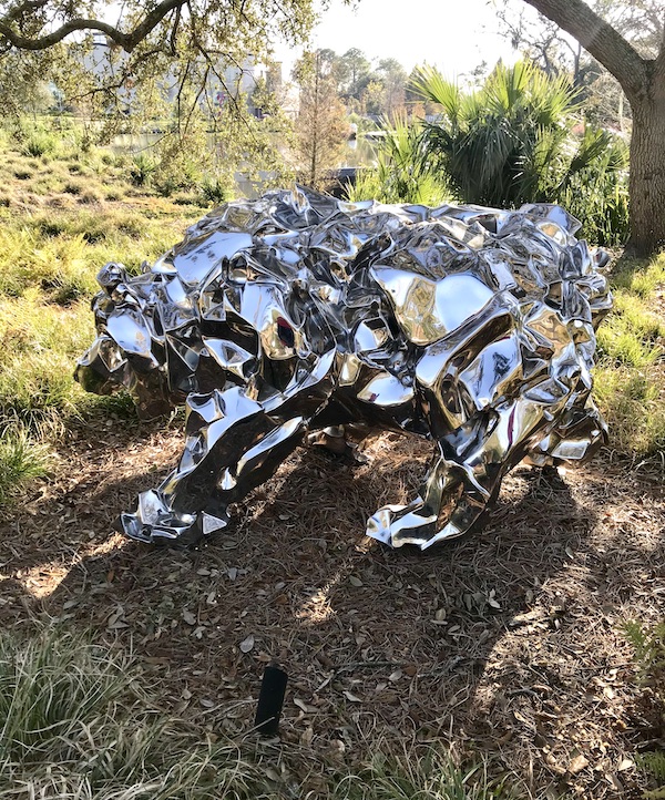 A steel sculpture of a bear at the Bestoff Sculpture Garden