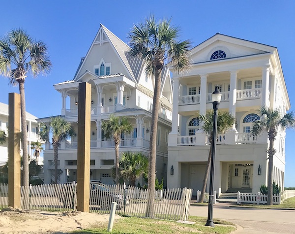 White houses with pillared porches on Galveston Island Texas