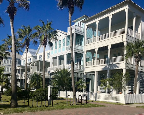 A row of multi storied beach houses on Galveston Island Texas