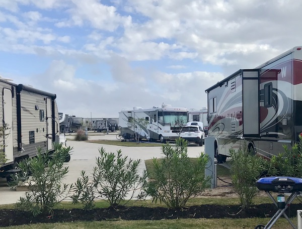 Three parked RVs and some shrubbery in Texas at Last!