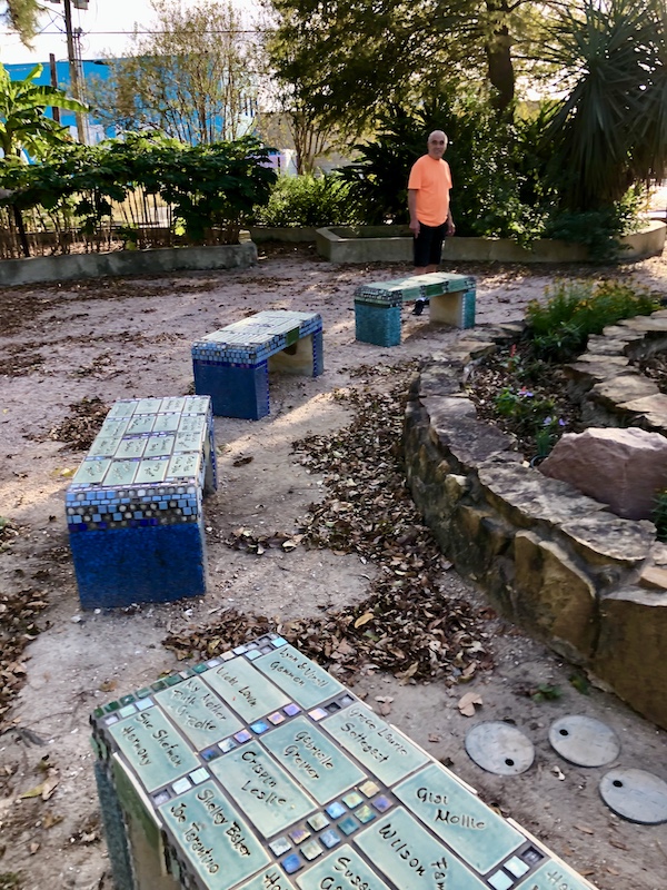Benches in pastel colors with mosaic tiles at The Houston Center for Contemporary Craft