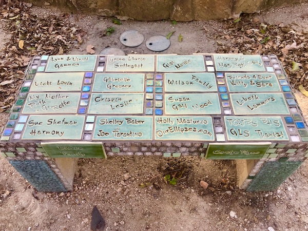 Names of donors adorn a bench at The Houston Center for Contemporary Craft
