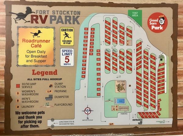 A colorful site plan map of our RV park in Fort Stockton Texas