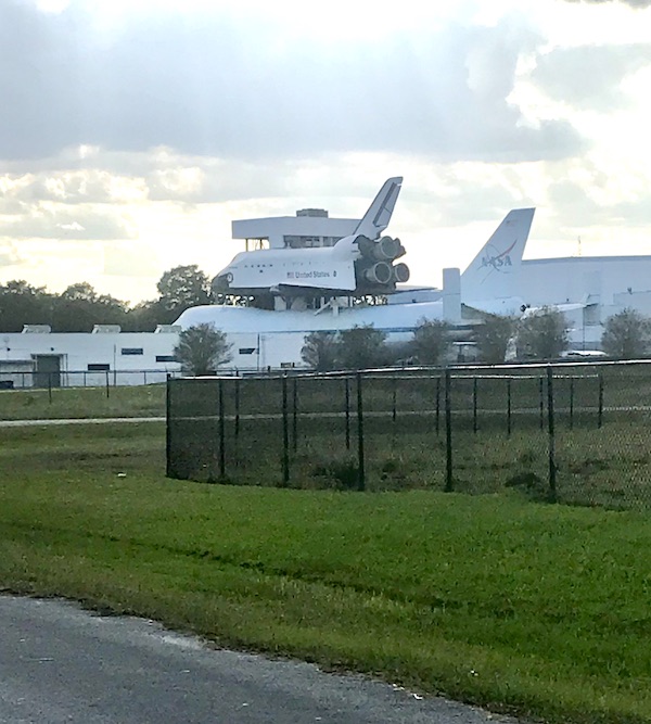 A view if the space shuttle on top of a 747 at NASA Space Center Houston