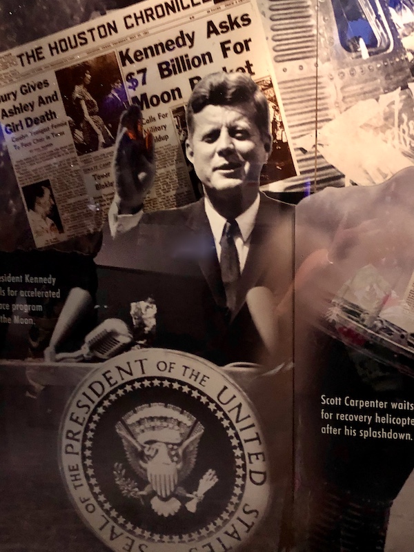 A collage of headlines and photos that include President Kennedy at NASA Space Center Houston