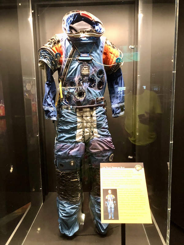 A blue space suit on a mannequin at NASA Space Center Houston