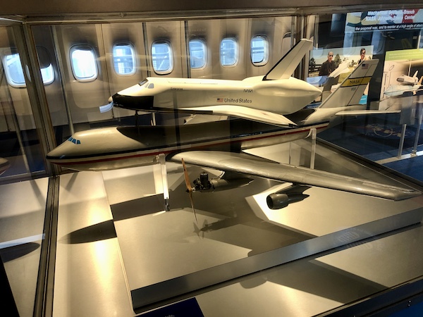 A model of a 747 airplane with the space shuttle on top at NASA Space Center Houston